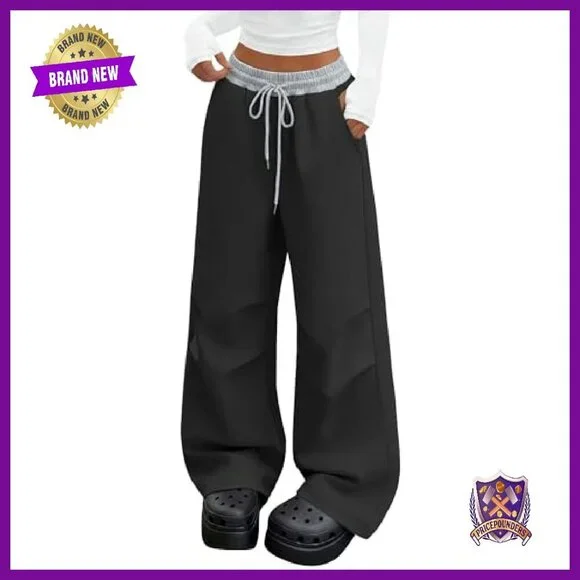Wide Leg Track Pants with Color Block Waistband, Low Rise Sweatpants, Y2K - Picture 2 of 6